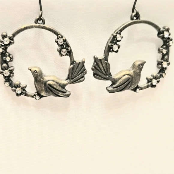 Antiqued Pewter-Tone Bird on Swing Pierced Dangle Earrings with Crystal Flowers
