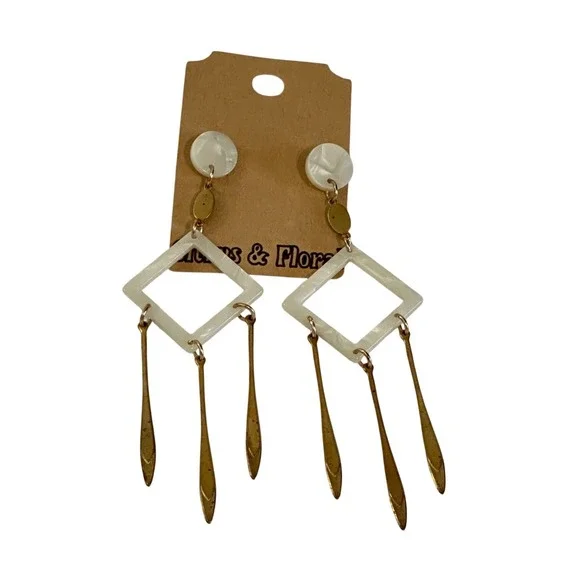 Dangle‎ Earrings White Marble Square Gold Tone Drop Dangles Women Accessory