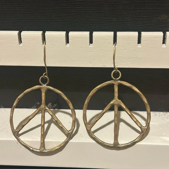 Gold Tone Peace Sign Dangle Earrings