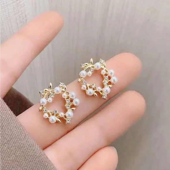 Faux Pearl and Diamond Floral Wreath Earrings