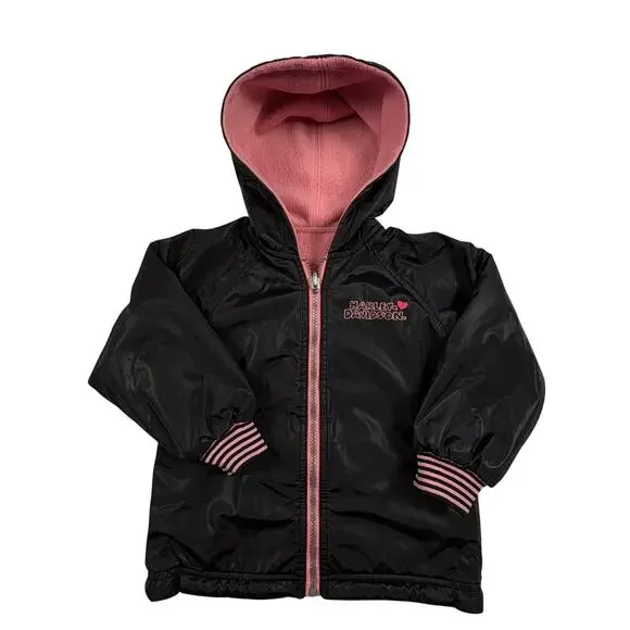Harley-Davidson Reversible Hoodie Jacket Girls 4T Black Pink Biker Coat