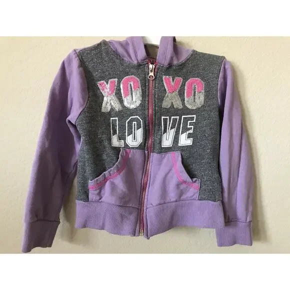 XOXO Purple Gray Sequined Love Pockets Full Zip Girl's Hoodie Jacket Size XS 4