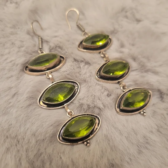 Three Marquise Light Green Gemstones Drop Earrings
