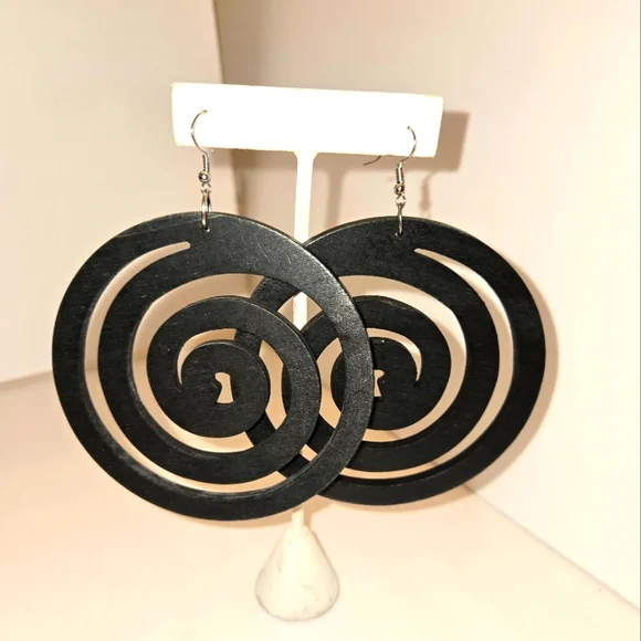 Handmade Black Wooden Spiral Earrings NEW