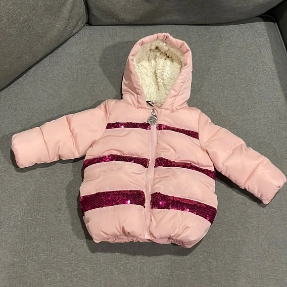 DKNY Pink/ Hot Pink Sequins Hooded Puffer Coat