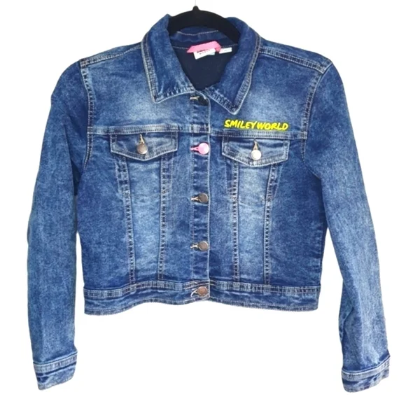 SMILEY WORLD Kids Cropped Punk Jean Trucker Jacket Yellow Smiley Face Girl Sz 12