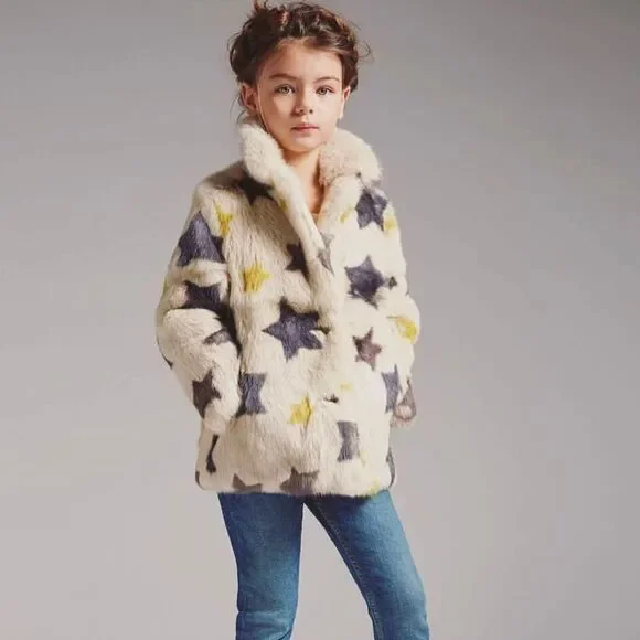 YVES SALOMON Enfant Rabbit Fur Star Pattern Coat Girl's Size 6 NWOT