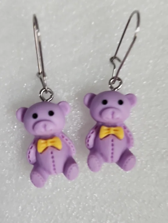 Hand Crafted Purple Teddy Bear Earrings with Yellow Bow