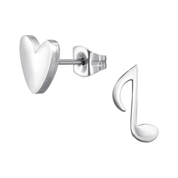Stainless Steel Heart & Music Note Ear Studs