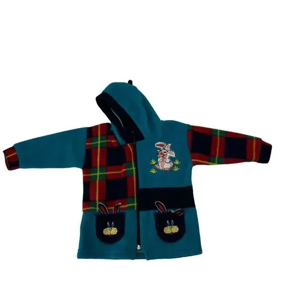 Vintage Bunny Rabbit Turquoise Red Plaid Fleece Jacket‎