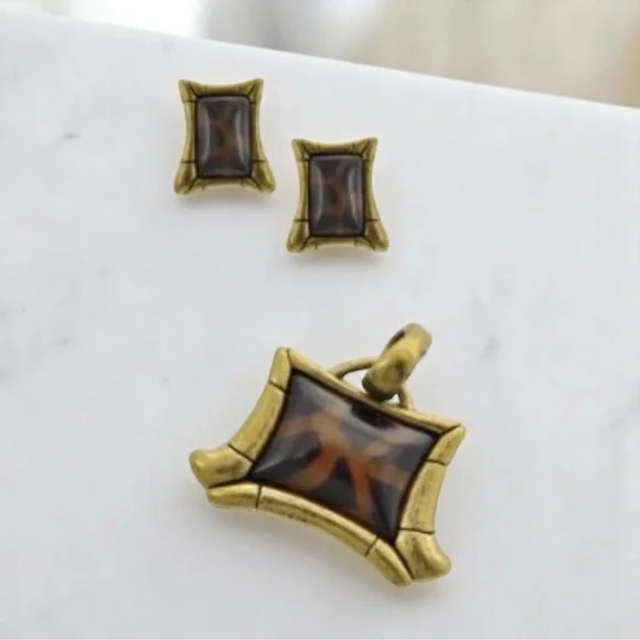 Paulus Tortoise Shell Earrings & Pendant Set NWT Vintage Look