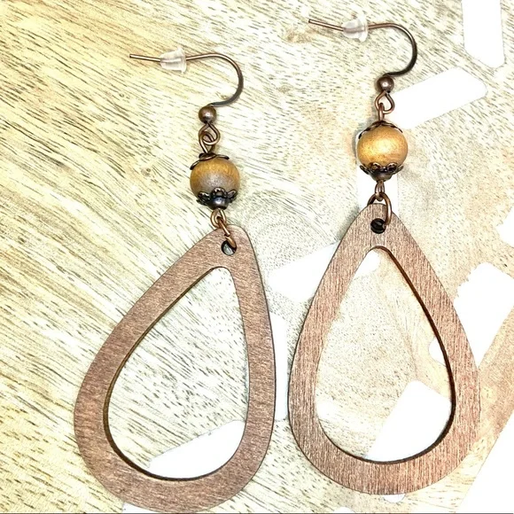 Boho natural Wood and copper hallowed out wooden tear drop water drop earrings