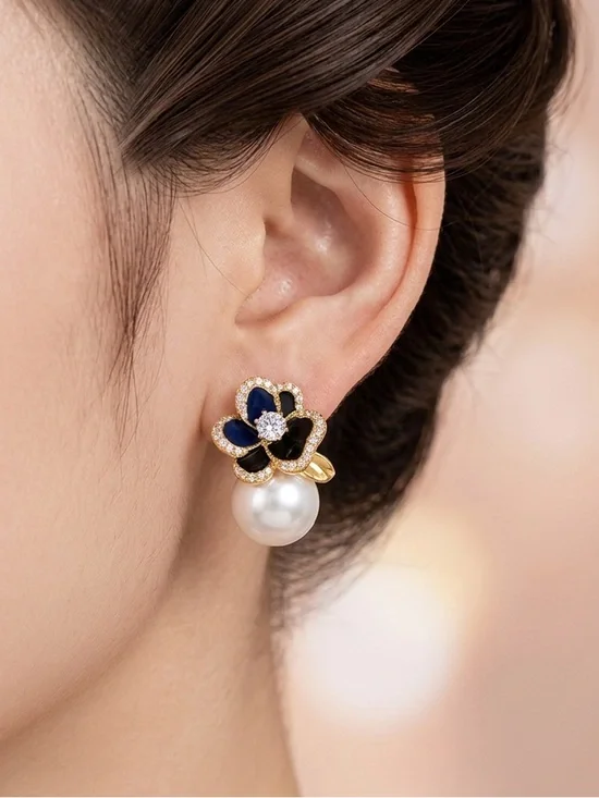 Gold Floral Pearl Drop Earrings with Navy and White Accents