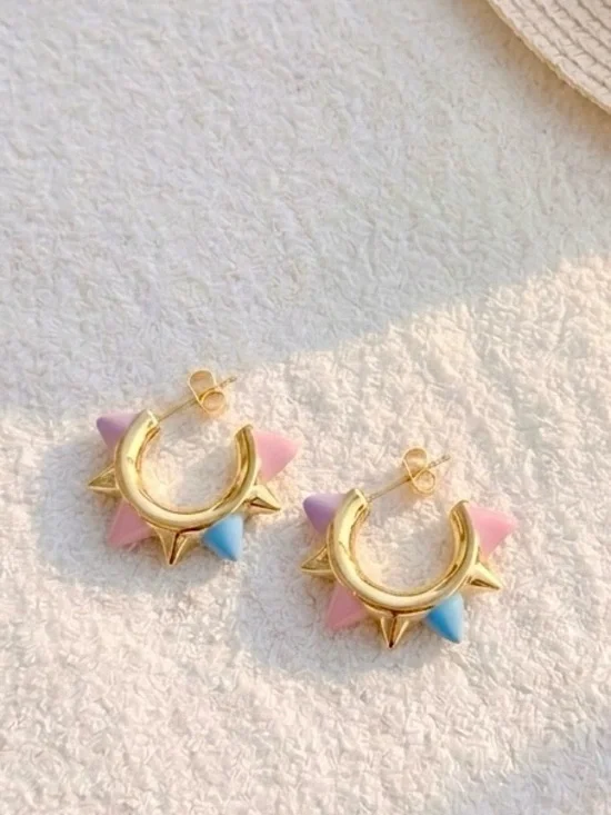 14K Gold Plated Pastel Spike C Hoop Stud Earrings Water Resistant Lightweight