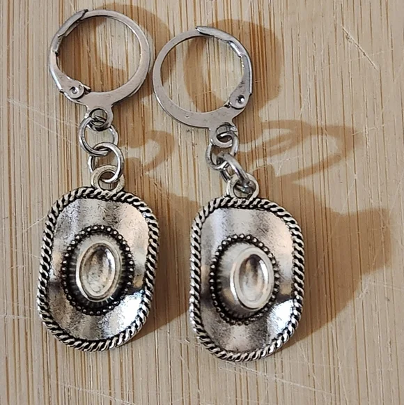 Hand Crafted Silver Cowboy Hat Dangle Pierced Earrings Cowgirl
