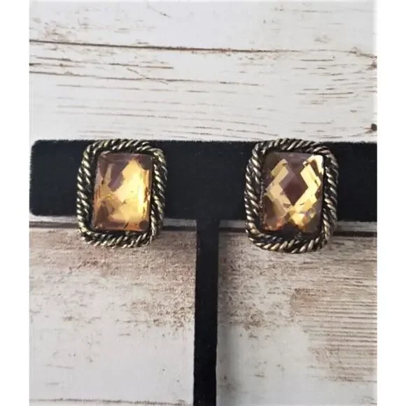 Vintage Clip On Earrings - Amber Tone Gem with Twisted Halo 0.75