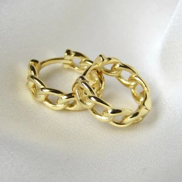 Minimalist Mini Gold Plated Chain Hoops Basketweave Link Earrings Gifts S925