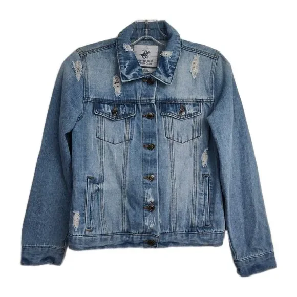 Beverly Hills Polo Club Denim Jacket Girls Size 14‎ Blue Distressed Button Close