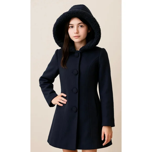 Girls Rothschild Navy Pea Coat Faux Fur Hood Size 16 Timeless Classic‎ Elegance