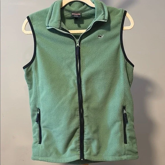 Vineyard Vines Kids XL 20 Fleece Vest Sage Green Navy Trim Full Zip Whale Logo