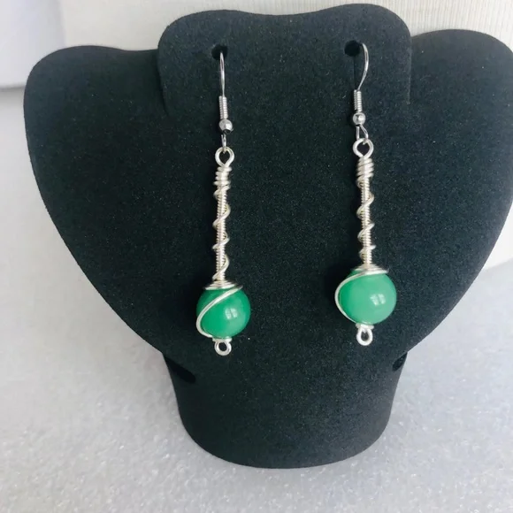 womens Green aventurine dangle wire wrap earrings handmade 2” beaded earrings