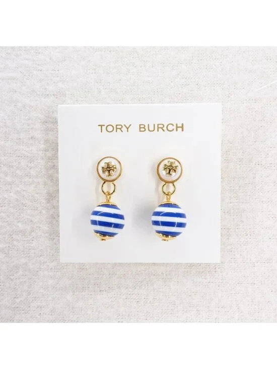 Tory Burch Saher Logo Drop Earrings Blue and White OS