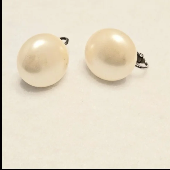 Vintage Faux Pearl Clip-On Earrings, Silver Tone, Classic Button Style