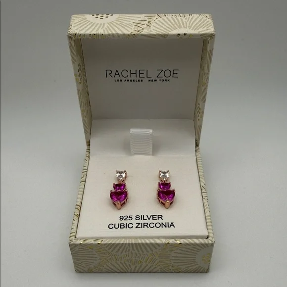 Rachel Zoe 925 Silver Pink Heart Cubic Zirconia Dangle Earrings Gift Boxed