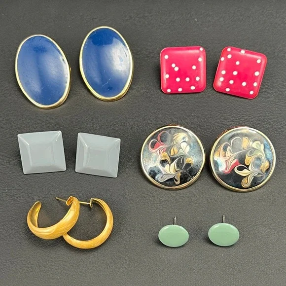 Vintage Enamel Earrings Lot 6 Pair Marbled Blue Gray Green Pink 80s 90s