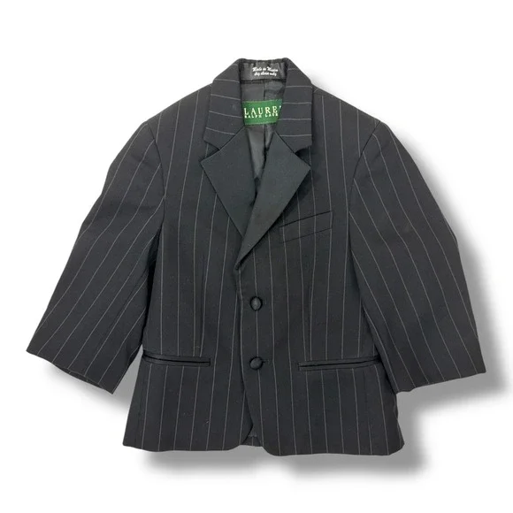 Lauren Ralph Lauren Boys Black Pinstripe Wool Blazer Suit Jacket Size 3 EUC