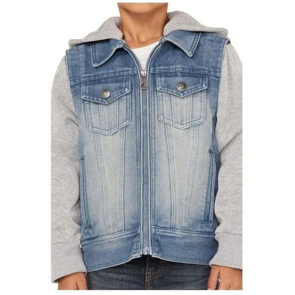 Urban Republic Kids Blue Denim Hybrid Hoodie Jacket Gray Moto Sleeves Size 14/16
