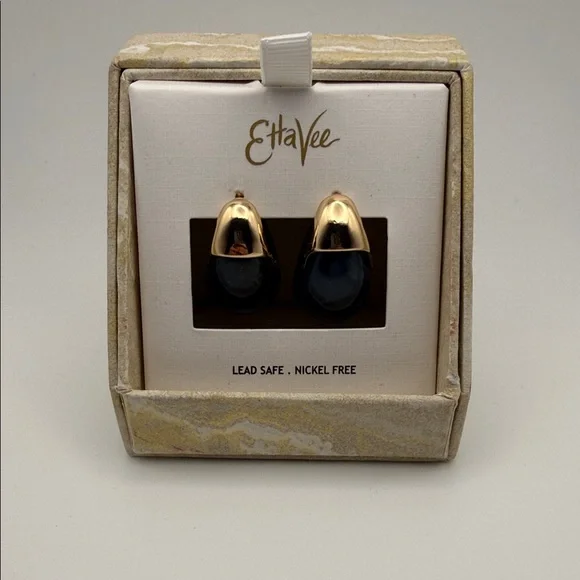 EttaVee Gold-Tone Black Oval Stud Earrings Gift Boxed