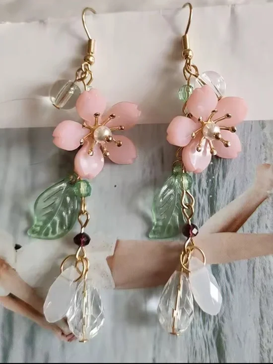 New Pink Floral Dangle Earrings with Green Leaves