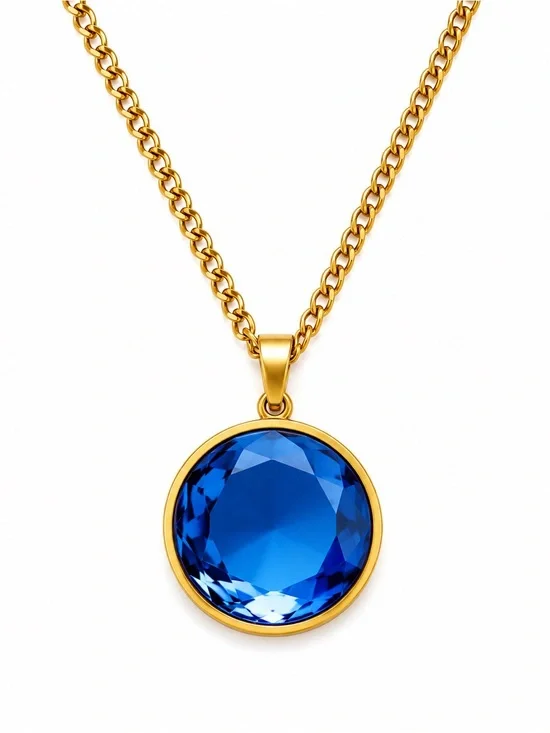 Gold Chain Necklace with Deep Blue Pendant - Women Jewelry