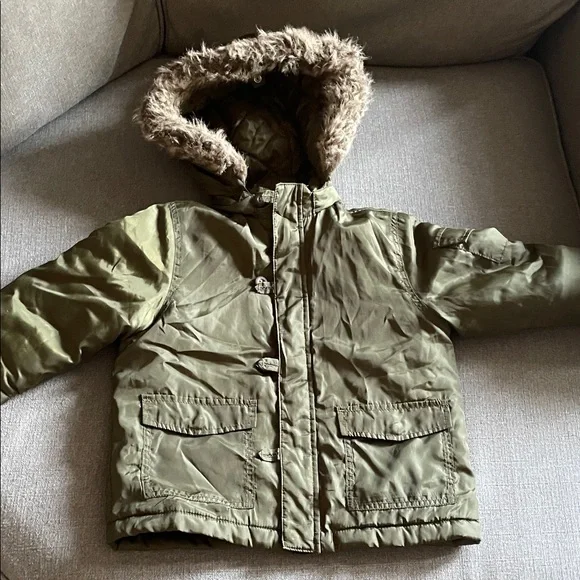 Janie & Jack Olive Green Hooded Jacket with removable Faux Fur Trim