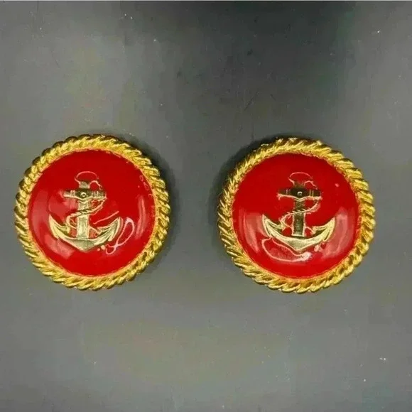 VGT 80's Nautical Anchor Red Enamel Earrings Clip-On Gold-tone Back
