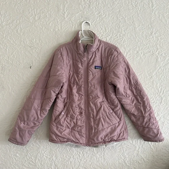 Patagonia Girls Reversible Snow Flower Jacket Kids FLAWS Small 7 8 Pink Ivory