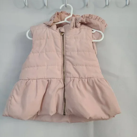H&M Girls Sz 9-12 Months Blush Pink Ruffle Kitten Hooded Ears Peplum Puffer Vest