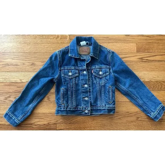 Levis Jacket Kids S Blue Denim Dark Wash Flap Pockets Trucker Country Y2K Unisex