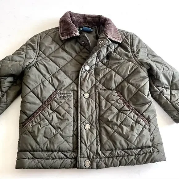 Polo Ralph Lauren Hagan Boys Quilted Barn Jacket Olive Corduroy Trim Sz 6 Preppy
