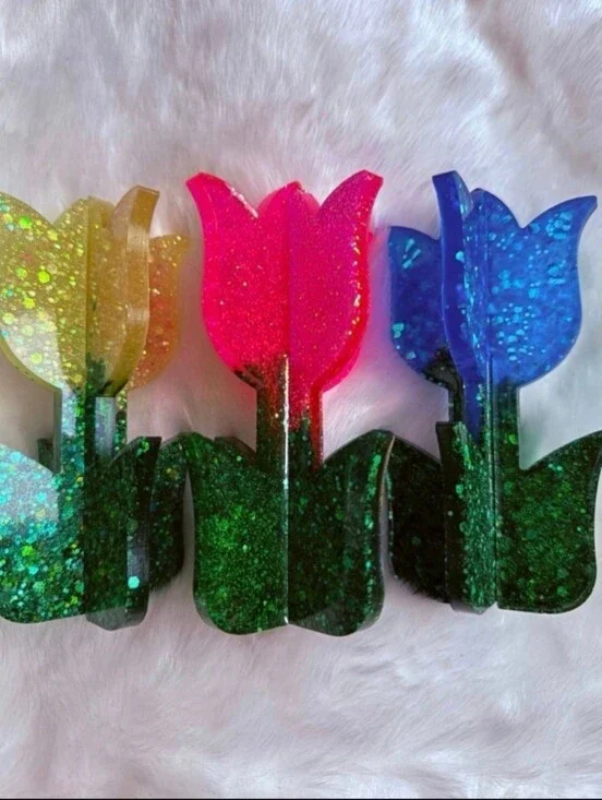 New Handmade Glitter Tulip Decor stands set of 3 Cottagecore Prairie Summer