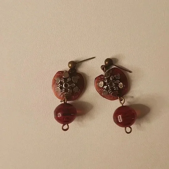 Red Stone and Bead Drop Earrings