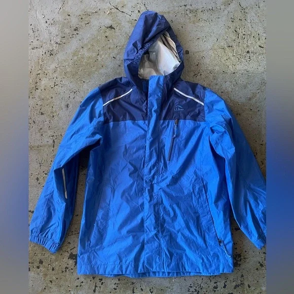 L.L.Bean Kids Trail Model Colorblock Hooded Rain Jacket in Blue/Gray Size Large