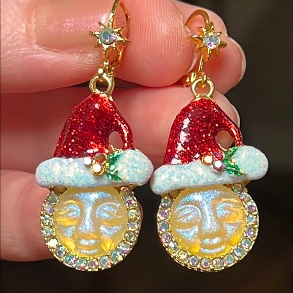 Vintage Whimsical Christmas Iridescent Moon Face Enamel Dangle Earrings