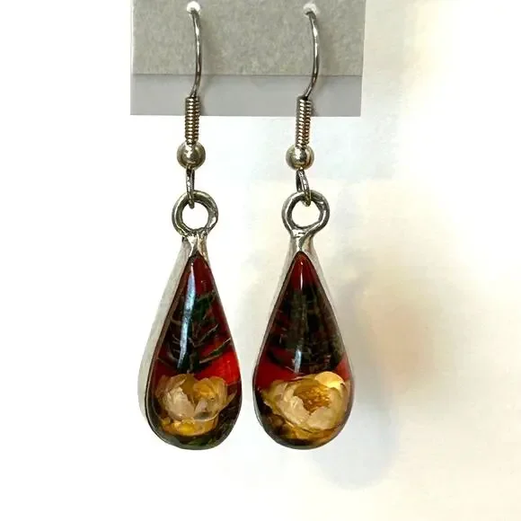 Vintage Dried Flower Resin Drop Sterling Bezel‎ Earrings