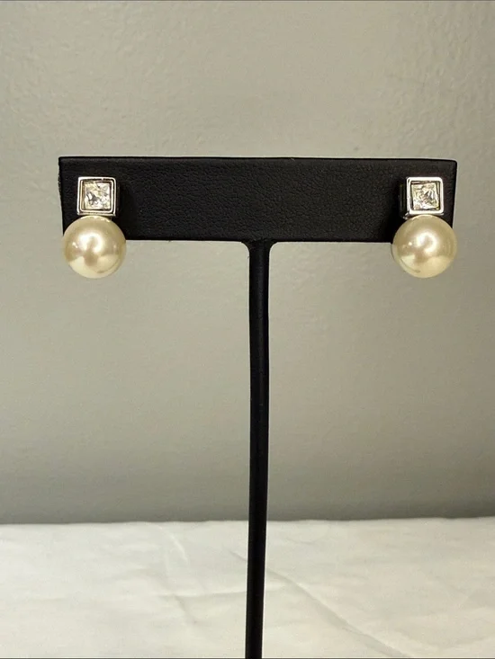 Swarovski Faux Pearl & Crystal Stud Drop Earrings Silver Tone
