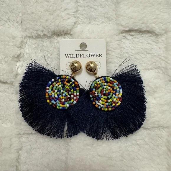 Bohemian Multicolor Beaded Tassel Earrings, Statement Fringe, Navy Blue Fan