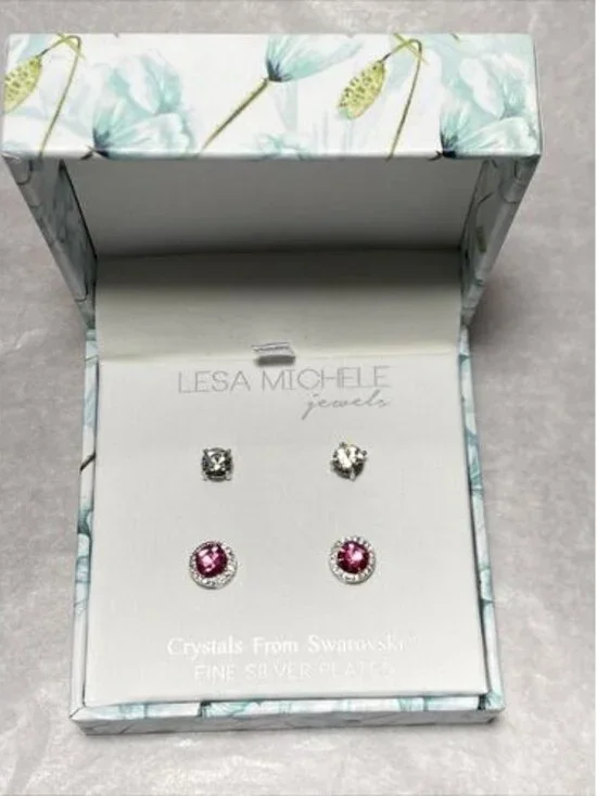 lesa michele swarovski earrings stud silver plated pink round set