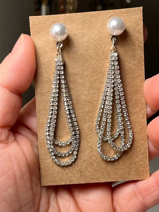 Silver Tone Stone Faux Pearl Teardrop Earrings