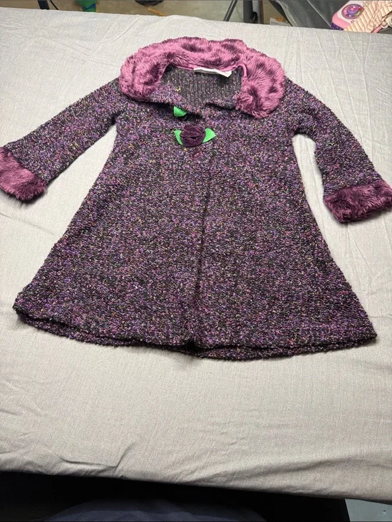 Blueberi Boulevard Girls' Purple Faux-Fur Trim Pea Coat